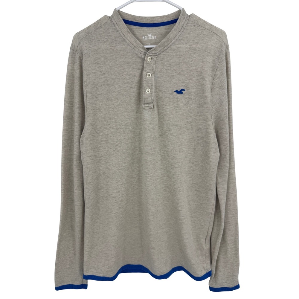 Hollister Mens Long Sleeve Henley Shirt Beige Blue Trim Large Logo Casual Tee